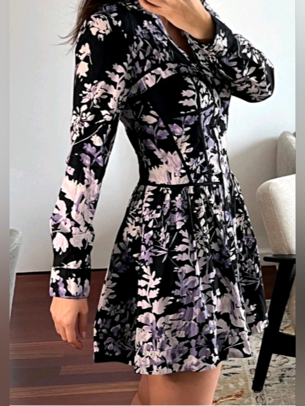 Anthropologie Womens Dress Corset Shirt Mini Long Sleeve Floral Black Size 6 - Picture 2 of 12